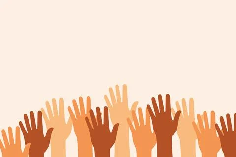 Diversity concept with hands. Raised hands banner. Иллюстрация
