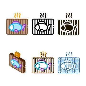 Diversity cooking bbq fish icon vector outline Stock Illustration