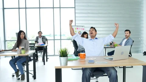 Diversity creative Office teamwork celebrate dance on call meeting happiness. Mu Видео 148249933