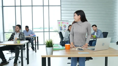 Diversity creative Office teamwork celebrate dance on call meeting happiness. Mu Stock Footage 148250017