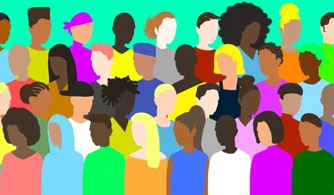Diversity, freedom and equality with a group of people together in a crowd or Stock Illustration
