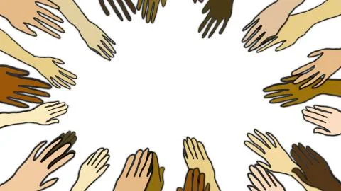 Diversity hands in circles, multicultural humanity connection, white backgrou Stock Illustration