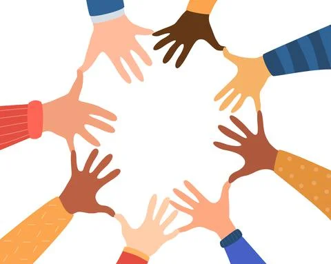 Diversity hands of different skin tones. United Community. Concept of communi Stock Illustration