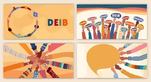 Diversity inclusion equality vector template with raised hands and teamwork Stock Illustration