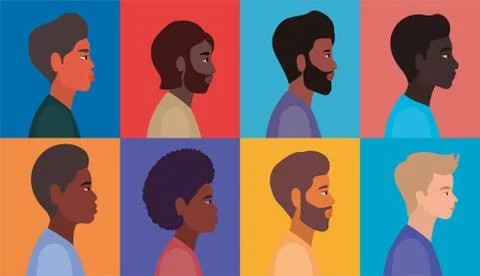 Diversity men cartoons in multicolored frames background vector design Stock Illustration
