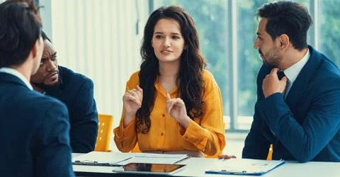 Diversity recruiters interview candidate at the bright office. Intellectual. Stock Photos