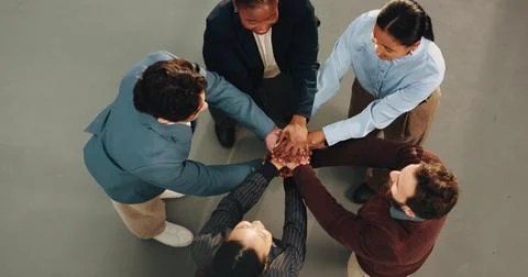 Diversity, team and huddle with hands together for business mission, support or Stock Photos