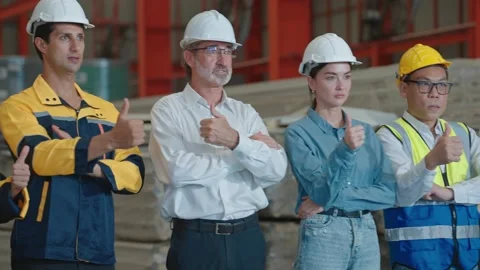 Diversity unity engineer team showing thumb up. Group of industry at factory Stock-Footage 237007333