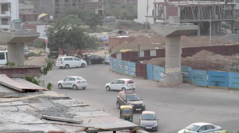 Diverted traffic at a Metro construction site in Gurgaon, Haryana Stock Footage 49795643