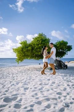 Divi Dive Trees on the shoreline of Eagle Beach in Aruba Stock Photos