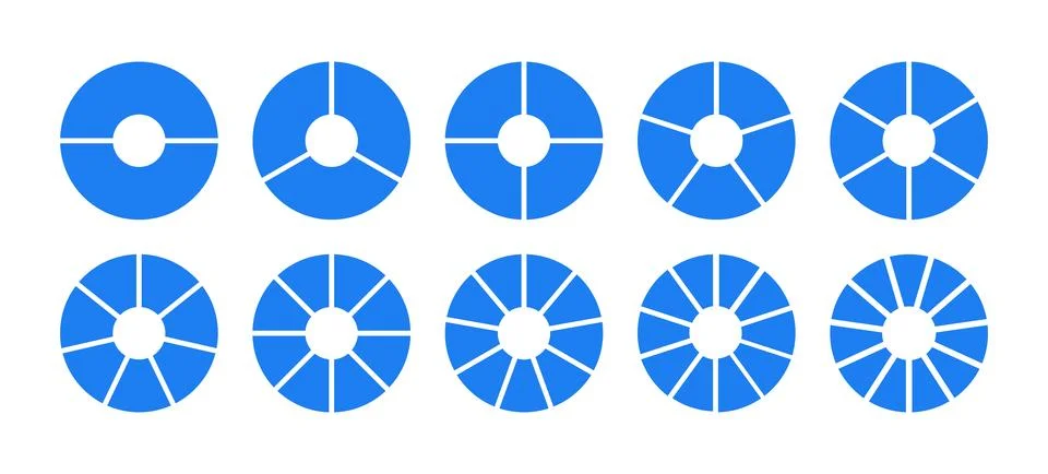 Divided blue rounded diagrams with two, three, four, five, six, seven, eight 스톡 일러스트
