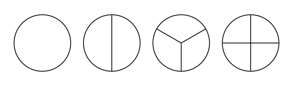 Divided circle in one, two, three, four segments. Pie, pizza round shape cut in イラスト素材