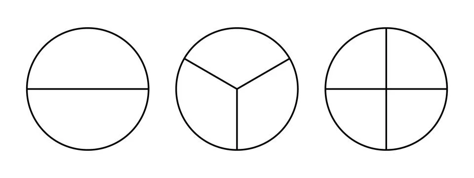 Divided circle in two, three, four segments. Pizza rounded shape, pie shape cut 스톡 일러스트