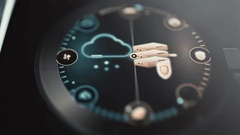 Divided circular dashboard compares a cyan cloud Stock Photos