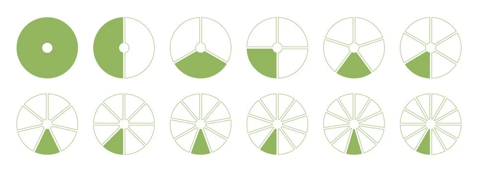 Divided circular diagrams on from 1 to 12 equal parts. Segments green wheel Stock-Illustration