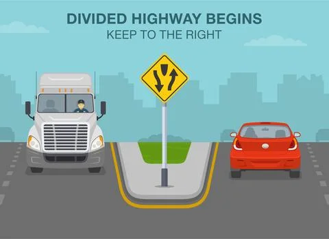 Divided highway begins, keep to the right. Traffic flow on city highway. Stock Illustration