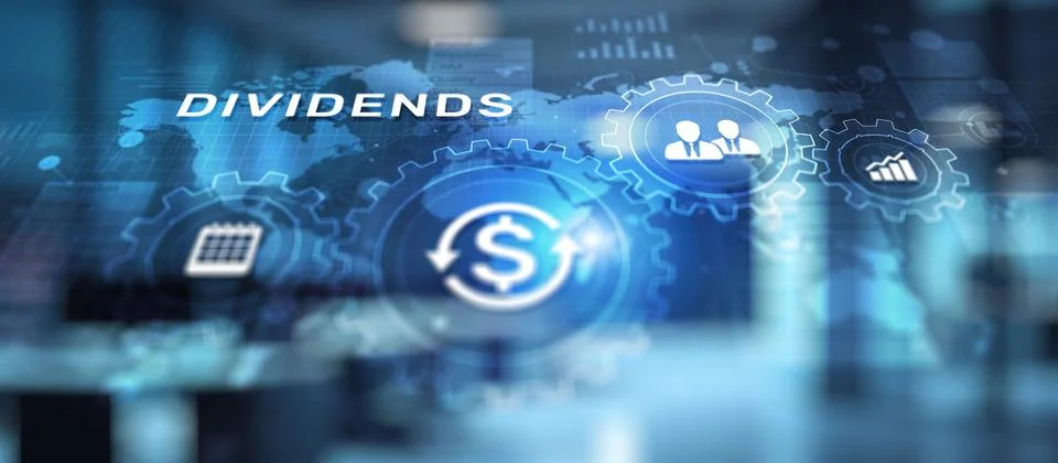 Dividends button on virtual screen. Return on Investment ROI financial business 스톡 사진