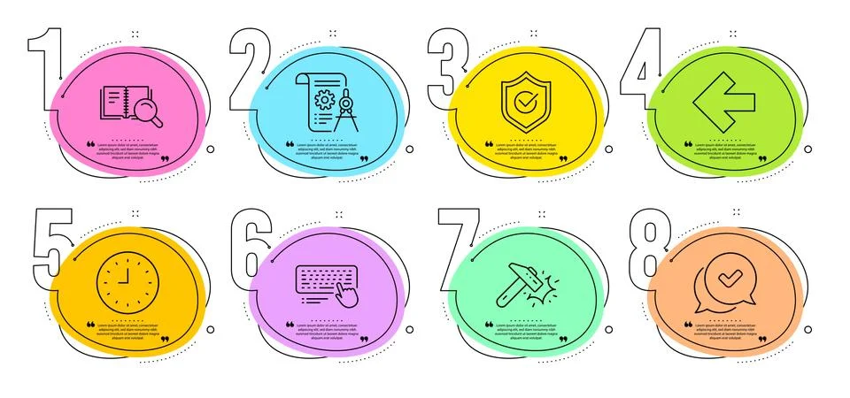 Divider document, Computer keyboard and Clock icons set. Left arrow, Approved Illustrazione stock