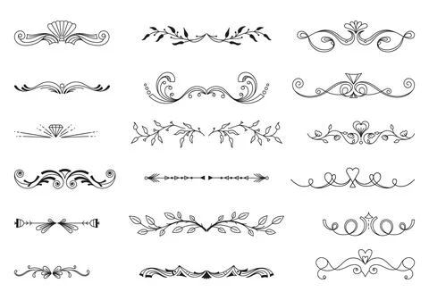 Divider thin line element vector set, border underline on text page, book, or Stock Illustration