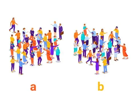 Dividing people into two groups isometric concept. Social experiment with Stock Illustration