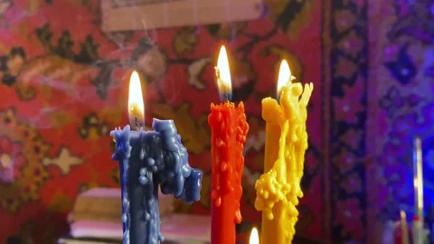 Divination and magic. Tarot cards and candles. Table with candles. Esoteric Stock Footage 237468802