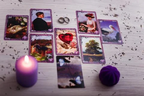Divination cards alignment in the heart shape for love and family. Men, women Stock Photos
