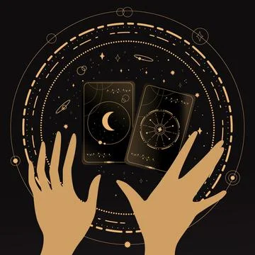 Divination Tarot cards on black background. Tarot symbolism Stock Illustration