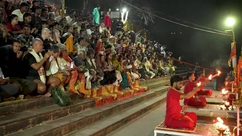 Divine Evening Ritual with Lamps in Rishikesh Stock Footage 337629016