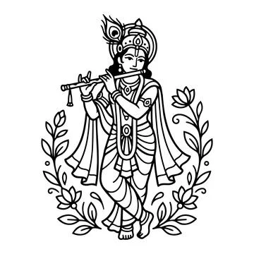 Divine krishna playing flute surrounded by decorative floral lotus wreath f.. Stock Illustration
