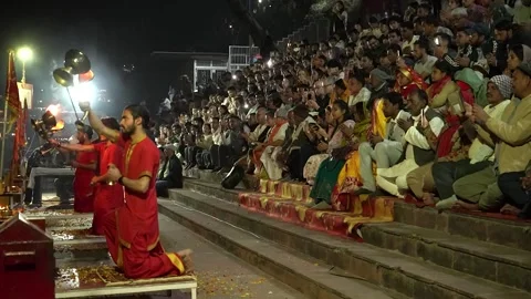 Divine Prayer Ceremony with Crowd and Aarti Lamps Stock-Footage 337623813