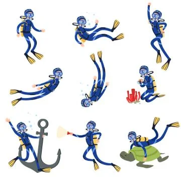 Diving and snorkeling set, diver in underwater swimming in mask snorkel and fins Stock Illustration