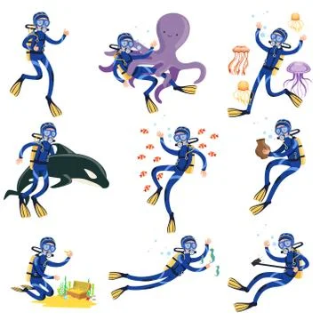 Diving and snorkeling set, diver in underwater swimming and searching treasures Stock Illustration