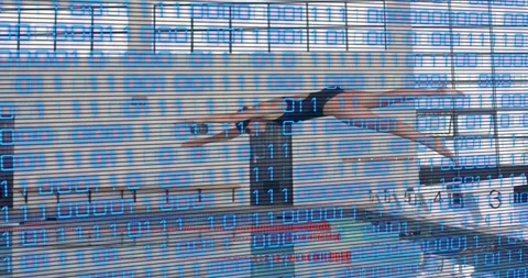 Diving athlete reacting to binary overlay bending and springing from board into 스톡 동영상 317115349