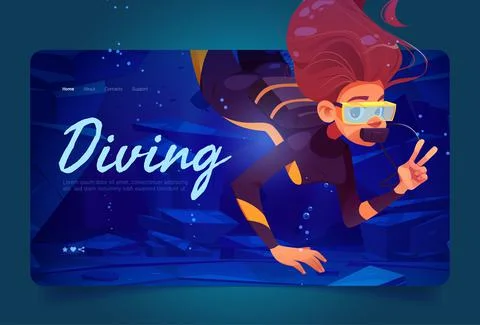 Diving banner with woman scuba diver underwater Stock Illustration