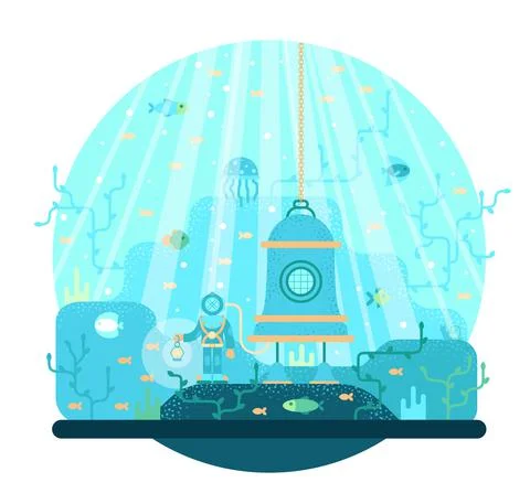 Diving bell with a diver at the bottom of the sea - vector cartoon illustration Stock Illustration