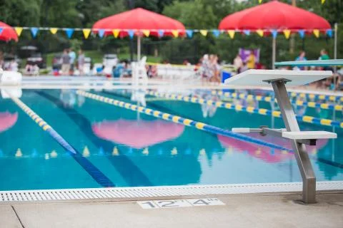 Diving block and lanes with an empty pool Stock Photos