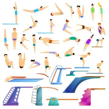 Diving board icons set, cartoon style Stock Illustration