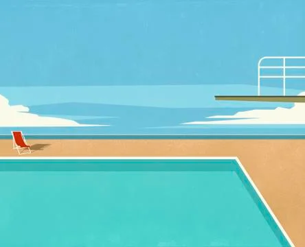 Diving board over swimming pool with ocean view Stock Illustration