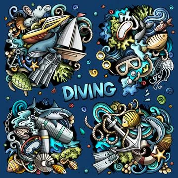 Diving cartoon vector doodle designs set. Stock Illustration