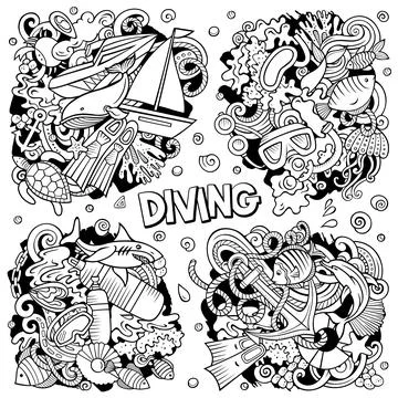 Diving cartoon vector doodle designs set. Stock Illustration