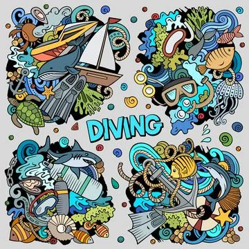 Diving cartoon vector doodle designs set. Stock Illustration