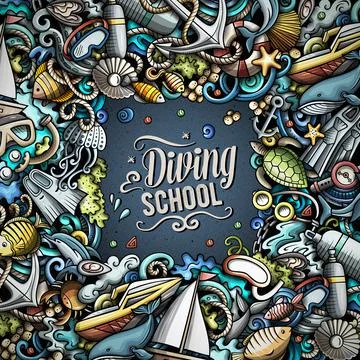 Diving cartoon vector doodles frame design. Ilustración de archivo