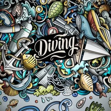 Diving cartoon vector doodles frame design. Illustrazione stock