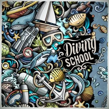 Diving cartoon vector doodles frame design. Ilustración de archivo