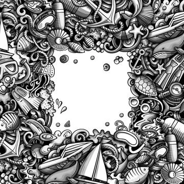 Diving cartoon vector doodles frame design. Ilustración de archivo