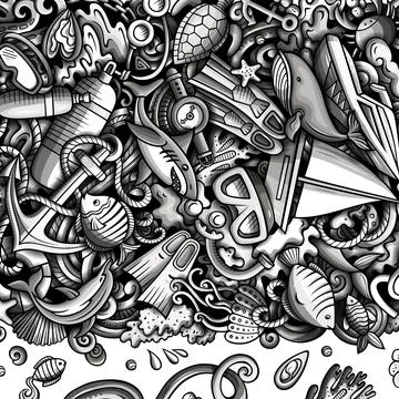 Diving cartoon vector doodles frame design. Ilustración de archivo