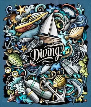 Diving cartoon vector doodles illustration. Ilustración de archivo