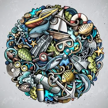 Diving cartoon vector doodles illustration. Water sports poster design. Ilustración de archivo