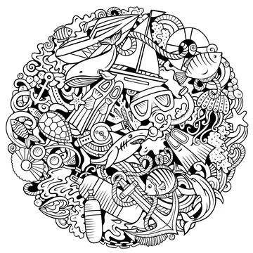 Diving cartoon vector doodles illustration. Water sports poster design. Stock Illustration