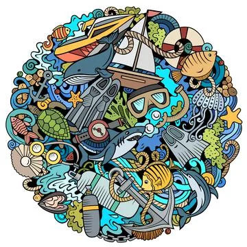 Diving cartoon vector doodles illustration. Water sports poster design. Stock Illustration